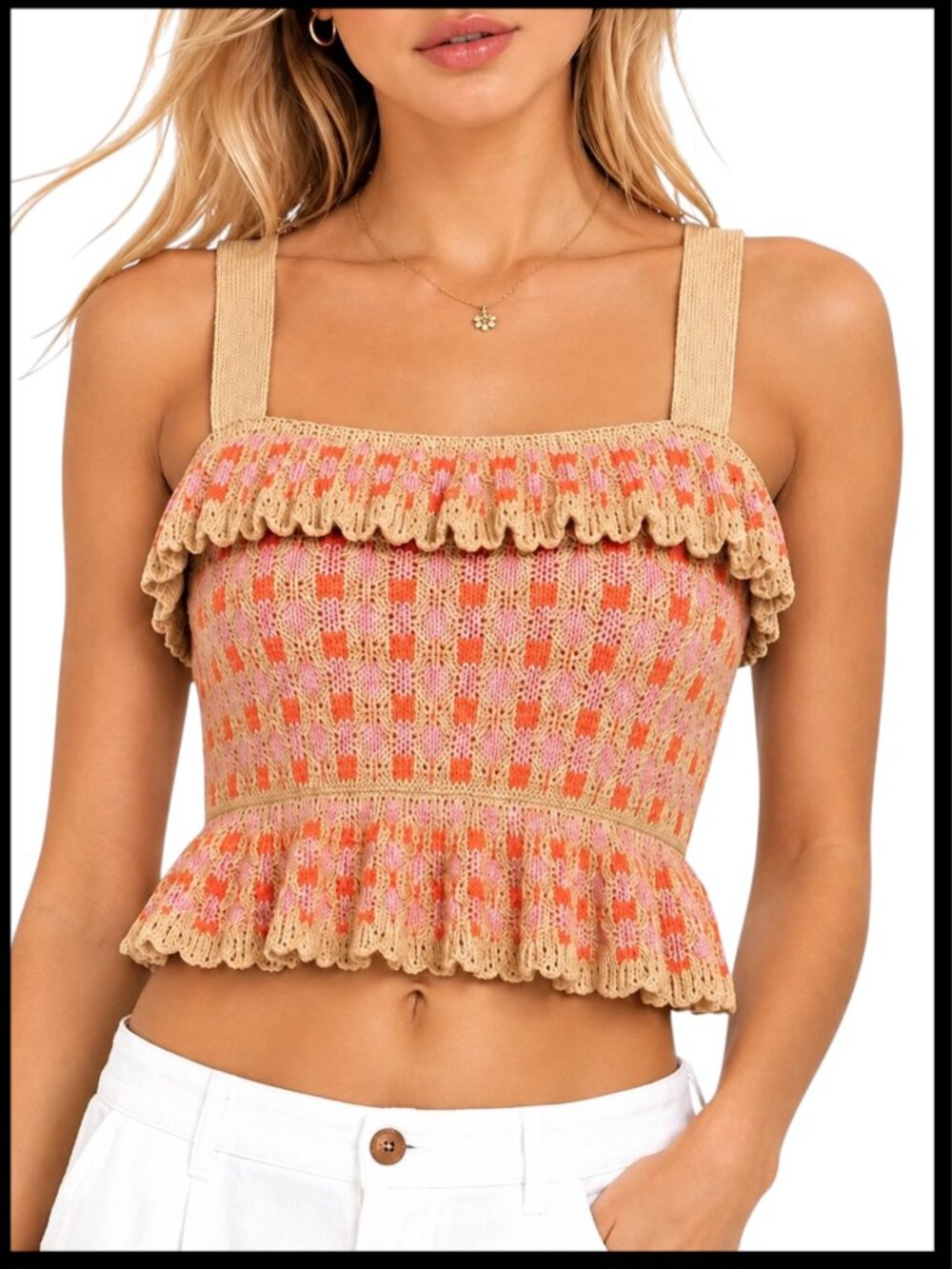 Zara Pink Orange Geometric Smocked Peplum Crop Top S